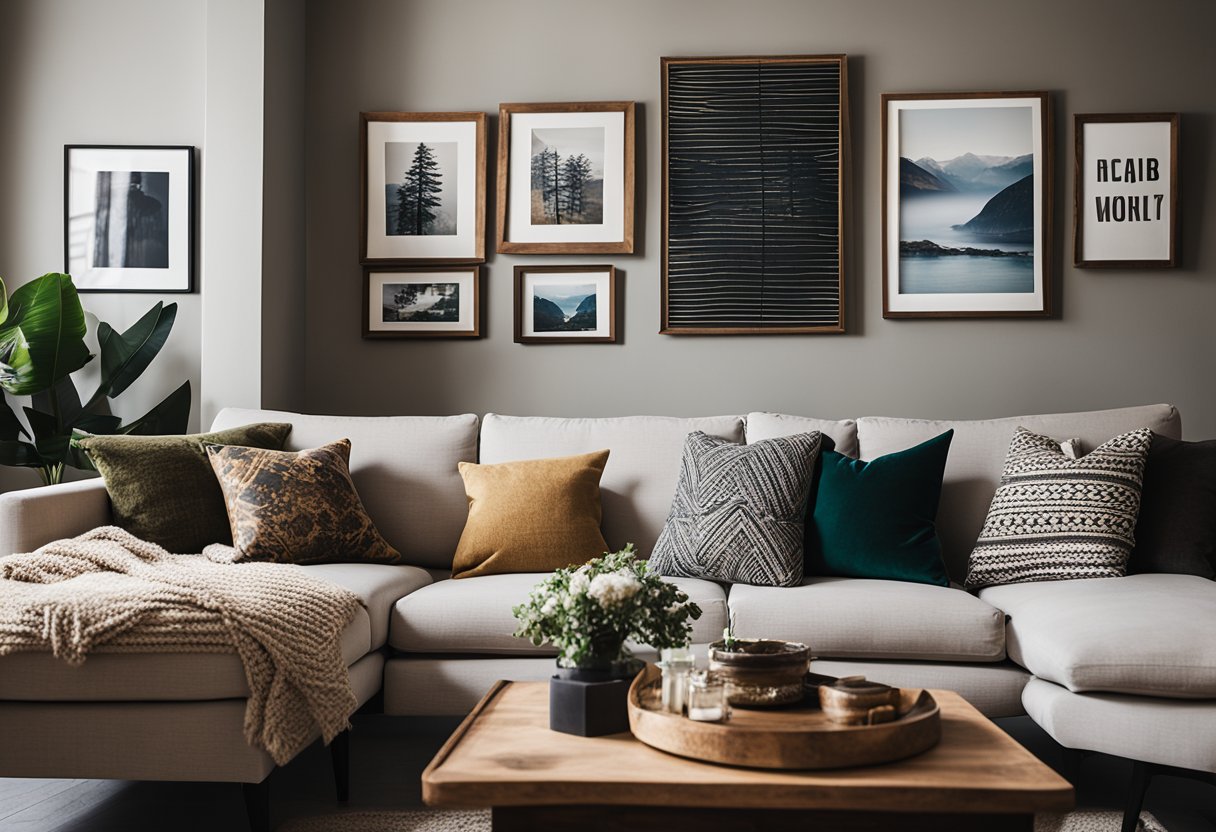 A cozy living room with a mix of DIY decor including handmade throw pillows, repurposed wooden furniture, and a gallery wall of framed artwork