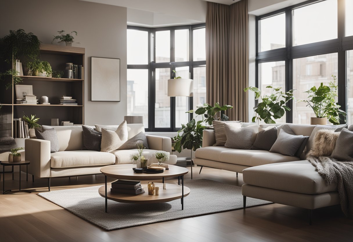 A cozy 1000 sq ft apartment with modern furniture, a neutral color palette, and plenty of natural light streaming in through large windows