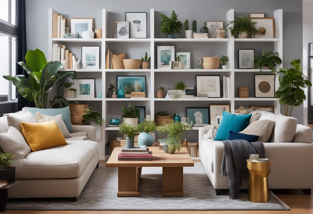A cozy living room with DIY decor: bookshelves, plants, and colorful throw pillows. A gallery wall displays framed artwork and a large, comfortable sofa sits in the center