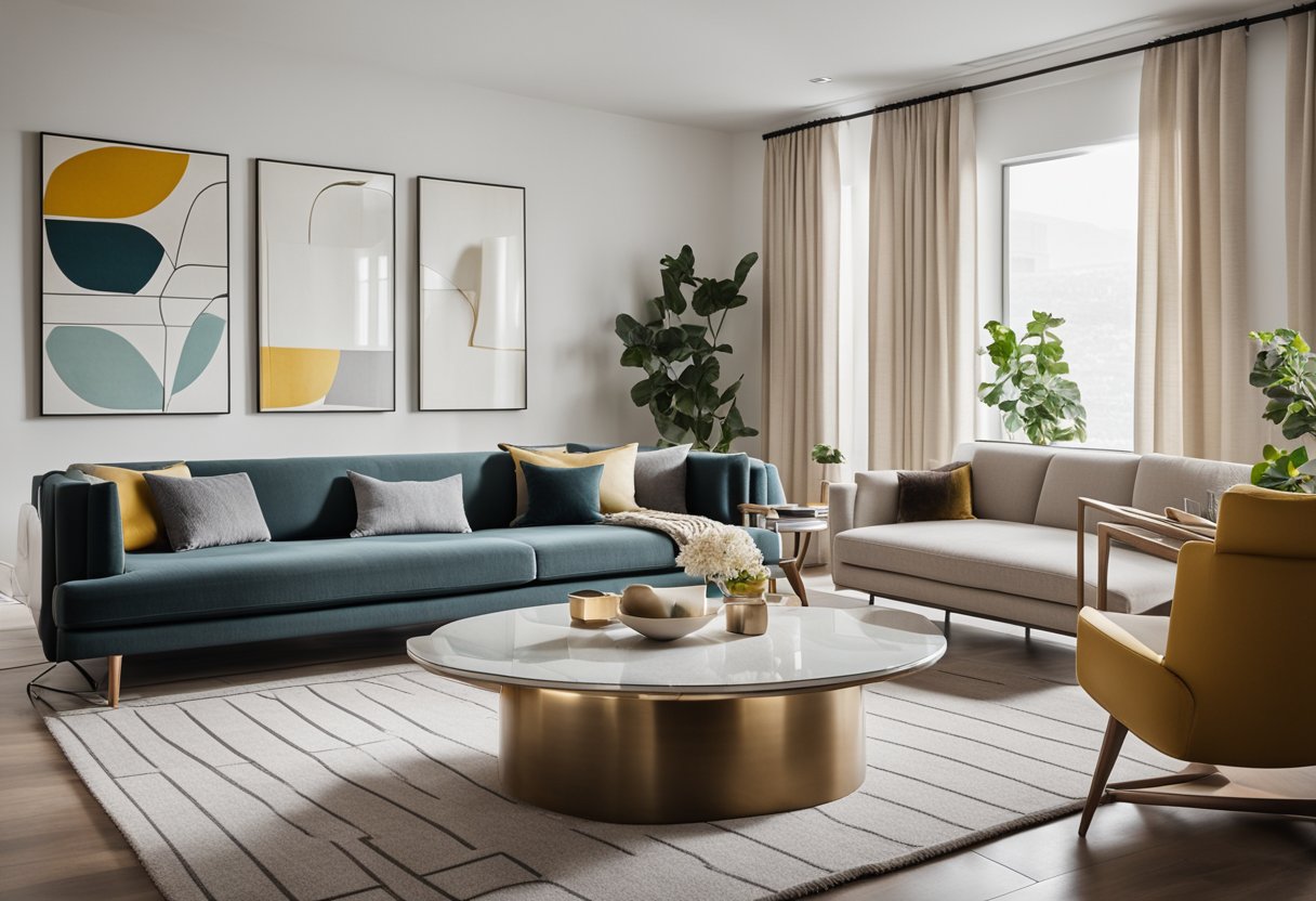 A sleek, minimalist living room with neutral tones, clean lines, and pops of color. A mix of modern and mid-century furniture, with abstract art and geometric patterns