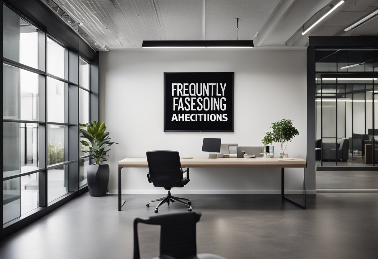 A modern, minimalist office space with sleek furniture and clean lines. A large sign reading "Frequently Asked Questions" hangs on the wall