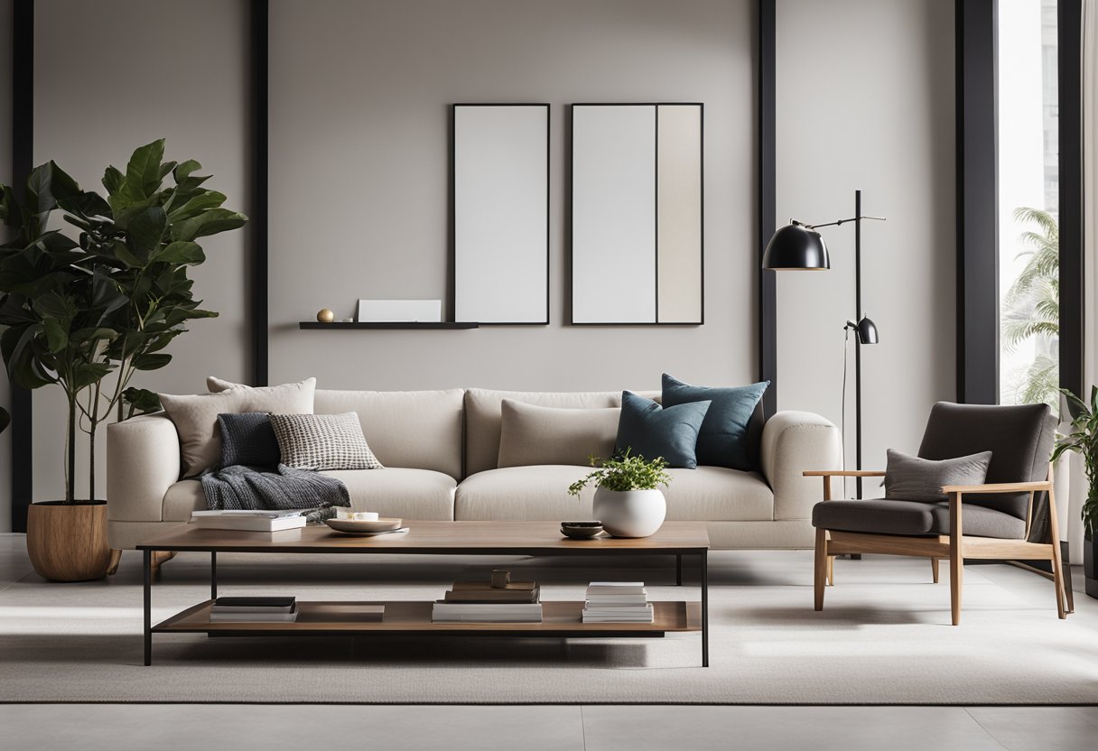 A sleek, minimalist living room with neutral colors, clean lines, and pops of vibrant accents. A mix of textures and materials like wood, metal, and glass create a sophisticated and modern atmosphere