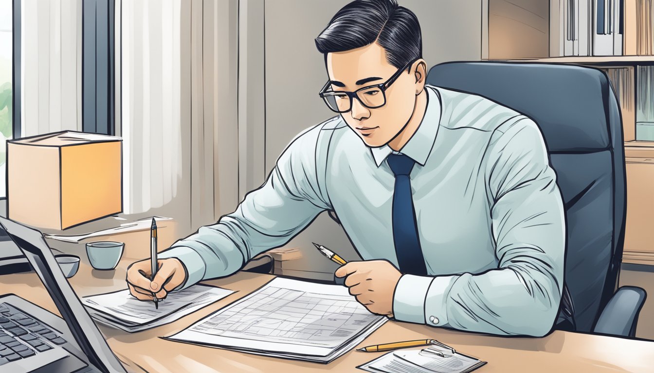 A person sitting at a desk, reviewing a document titled "Understanding the Financials Bank of China Singapore Personal Loan" with a pen in hand