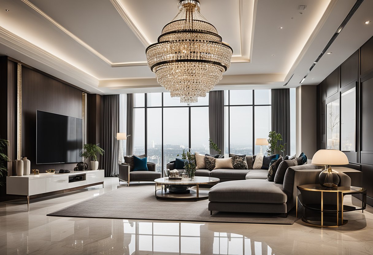 A grand chandelier illuminates a luxurious, open-concept living space with sleek furniture, marble accents, and floor-to-ceiling windows