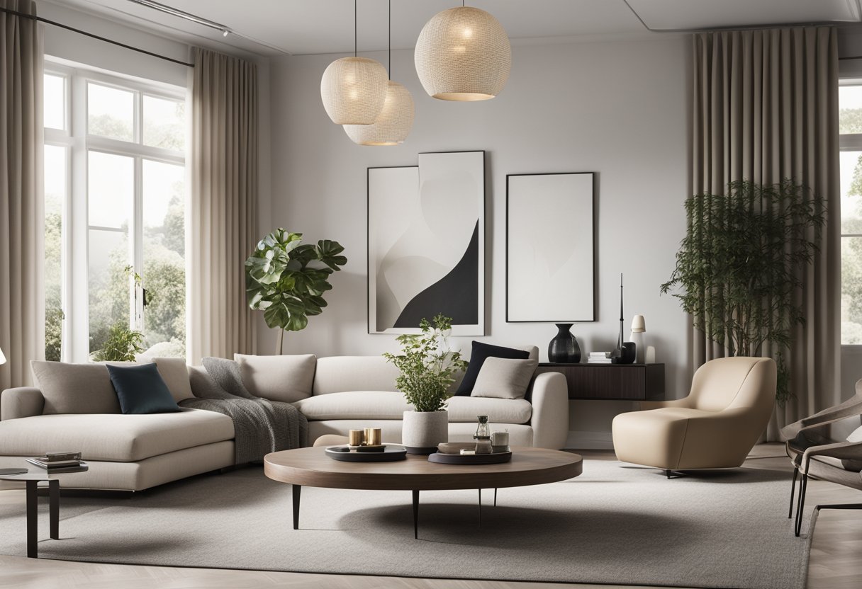 A sleek, minimalist living room with modern furniture, muted color palette, and clean lines. Statement lighting and abstract art add visual interest