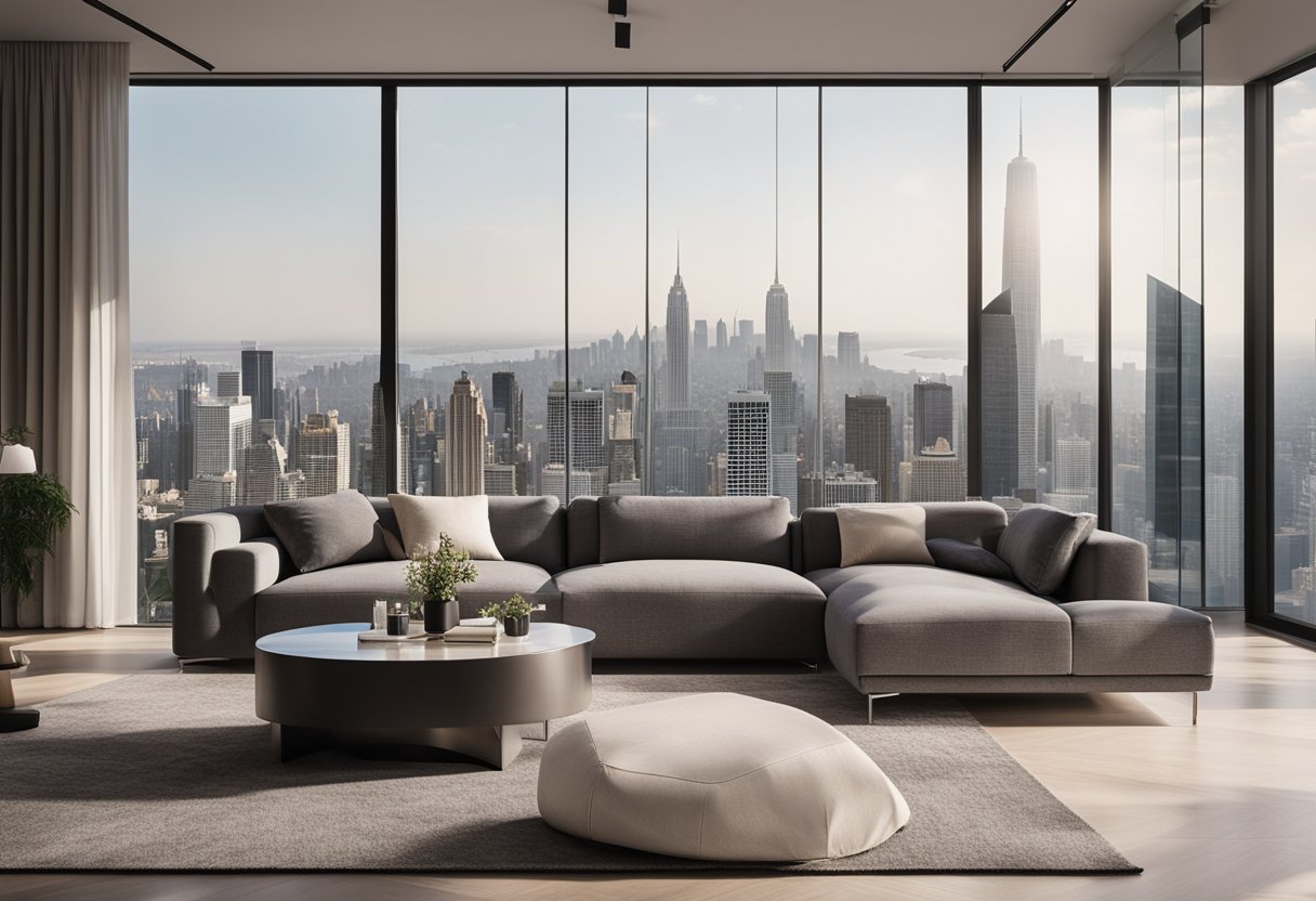 An elegant living room with modern furniture, minimalist decor, and a large window overlooking a city skyline