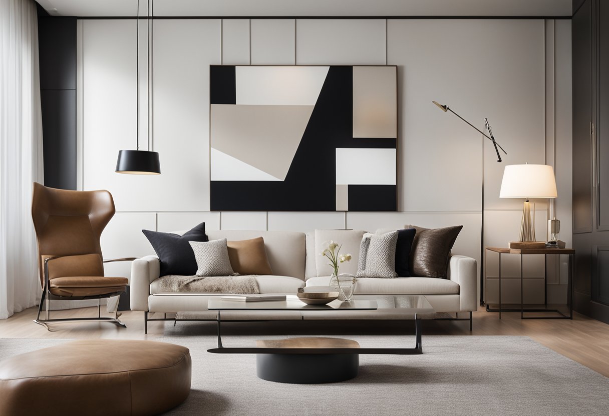 A sleek, modern living room with clean lines, neutral color palette, and a mix of textures like leather, wood, and metal. A large abstract art piece hangs on the wall, and there are geometric patterned throw pillows on the sofa