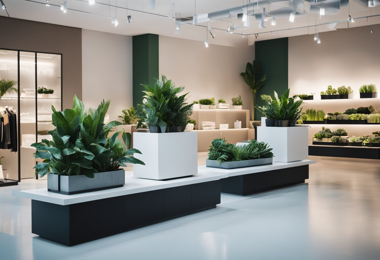 A modern retail store interior with sleek furniture, bright lighting, and a minimalist color palette. Displays are neatly organized, and there are plants scattered throughout the space