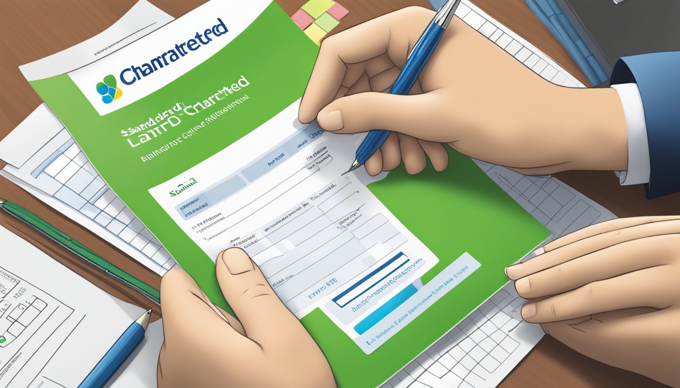A person filling out a loan application form with a Standard Chartered bank logo in the background