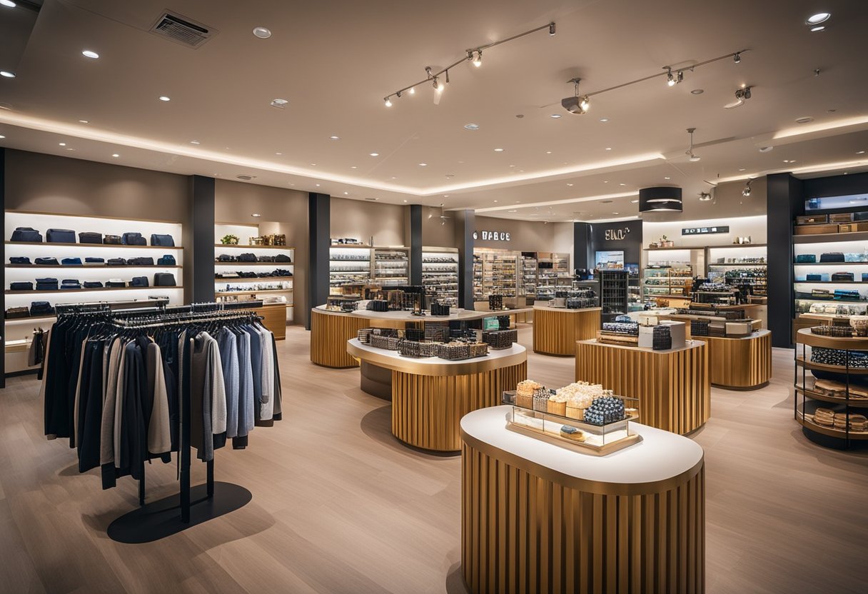 The retail store interior features modern fixtures, vibrant color schemes, and strategic lighting to create an inviting and visually appealing atmosphere
