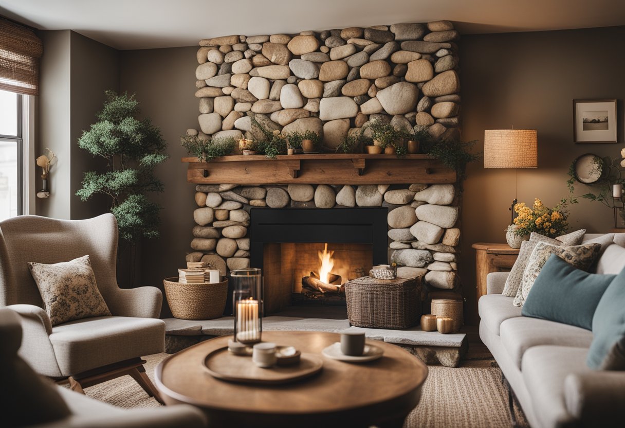 A cozy living room with rustic wooden furniture, floral patterned upholstery, and a stone fireplace, accented with vintage decor and soft, earthy tones