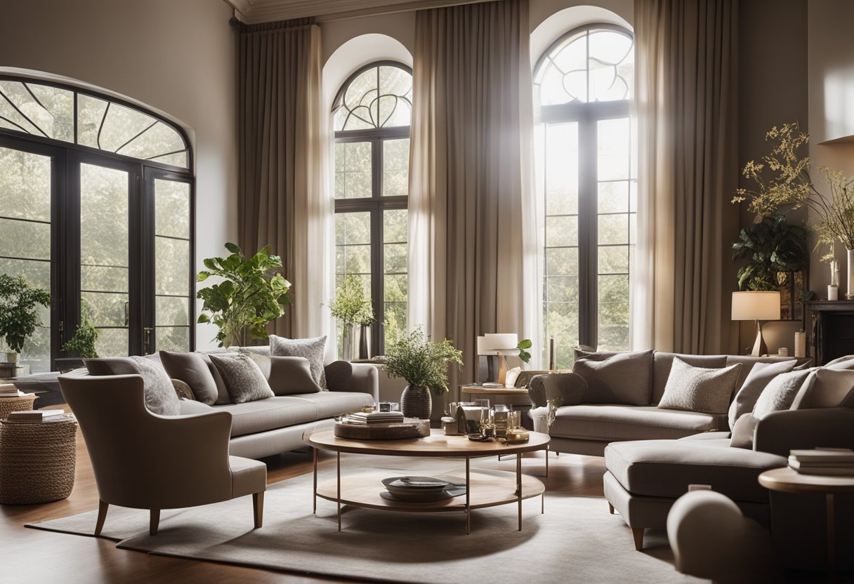 Sunlight streams through large windows, illuminating a spacious room with elegant furniture and tasteful decor. A cozy fireplace adds warmth to the inviting atmosphere