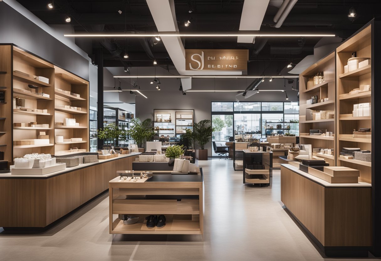 The retail store interior features modern furniture, clean lines, and a neutral color palette. Large windows allow natural light to fill the space, highlighting the carefully curated displays of products