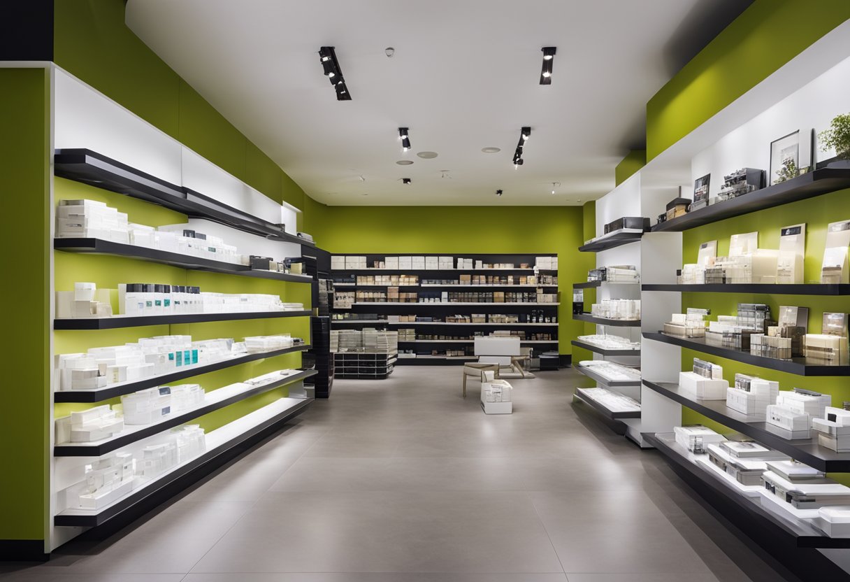 A modern retail store interior with sleek furniture, bright lighting, and a clean, minimalist aesthetic. Shelves and displays are neatly organized with product samples and brochures