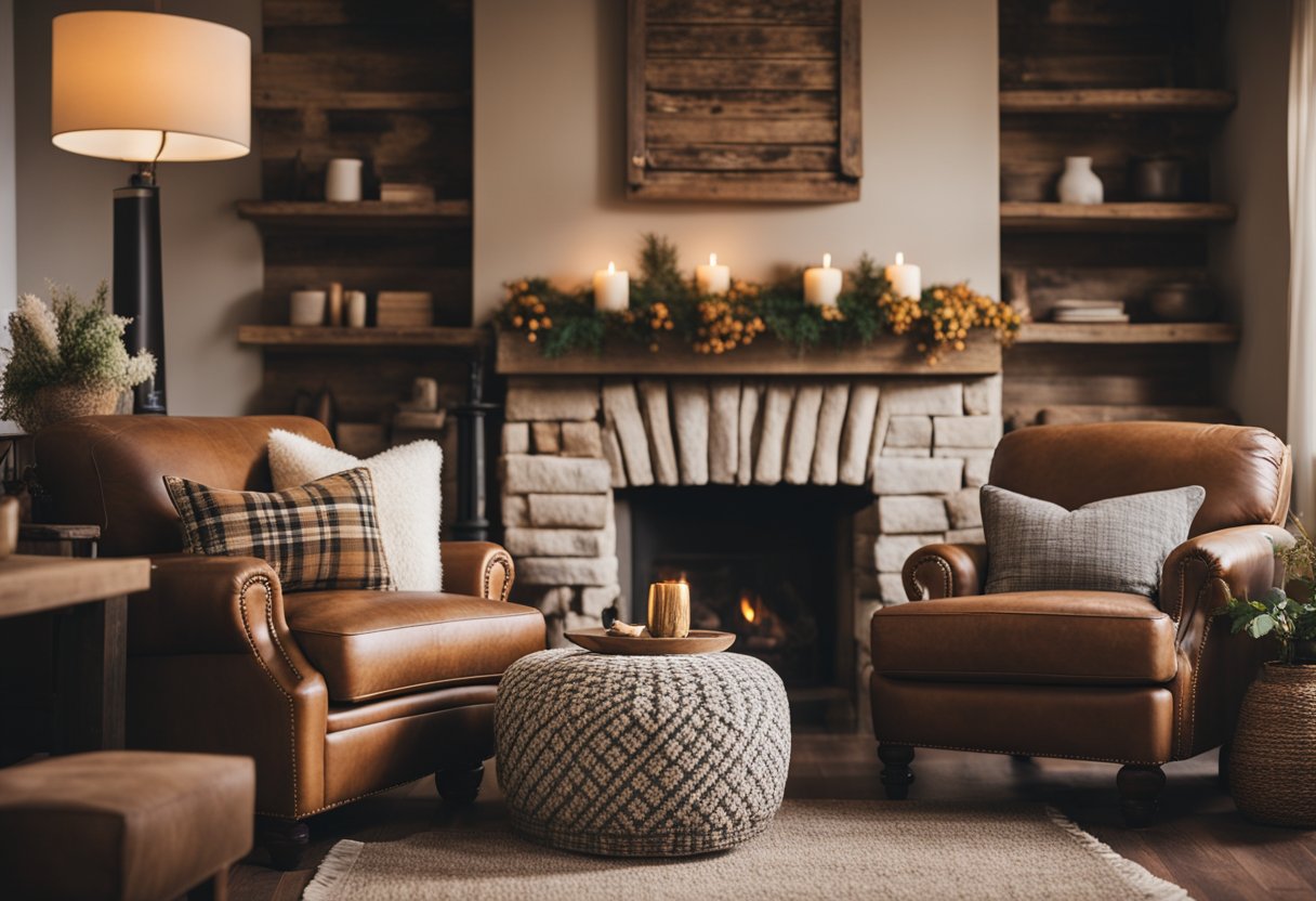 A cozy country-style living room with rustic wooden furniture, plaid patterns, and warm earthy tones. A fireplace adds a cozy touch, while a vintage rug and floral accents complete the look