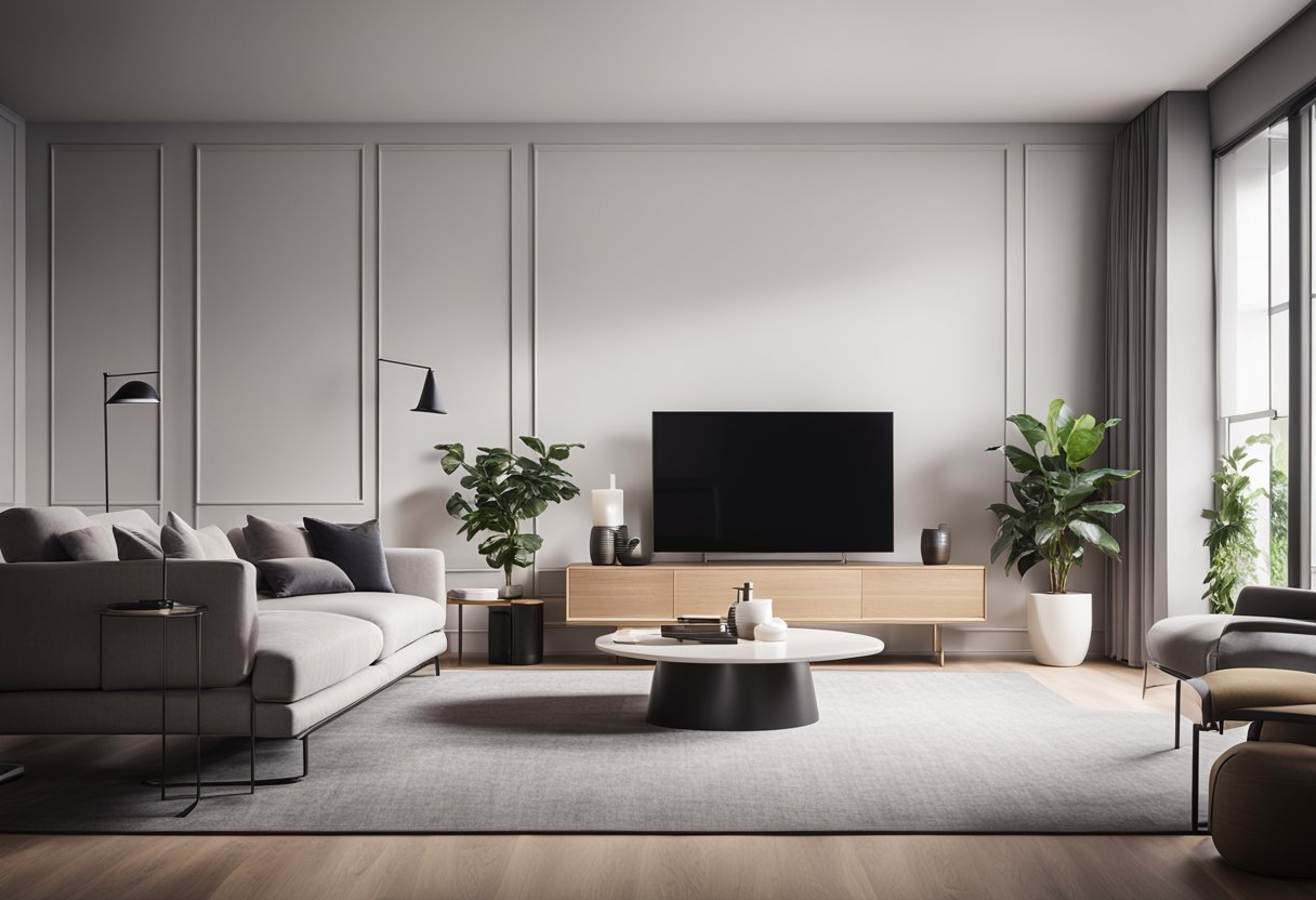 A modern living room with sleek furniture, soft lighting, and a pop of color. Clean lines and a sense of harmony create a cohesive and inviting space