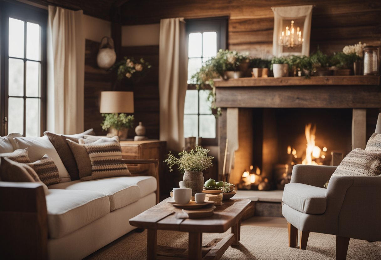 A cozy country-style interior with rustic wooden furniture, floral patterns, and warm earthy tones. A fireplace adds a touch of charm, while vintage decor and woven textiles complete the inviting atmosphere