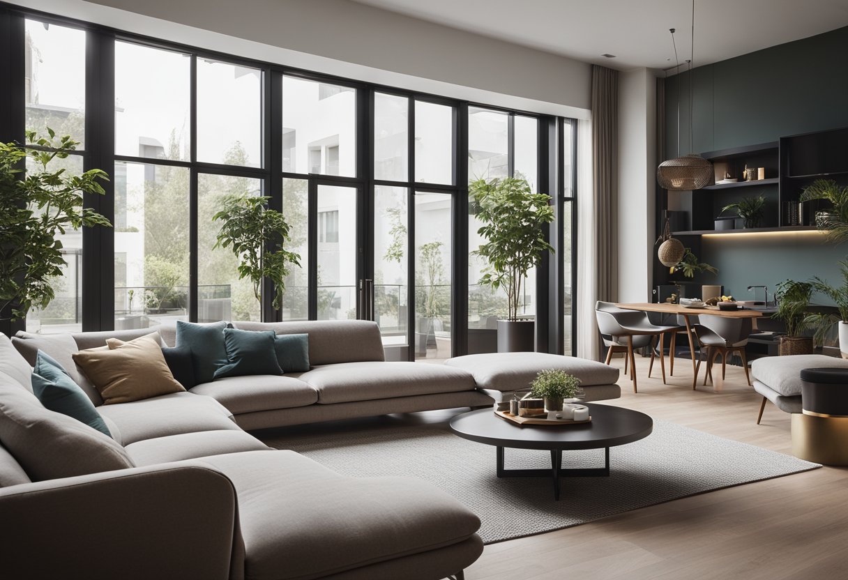 A modern, spacious living room with sleek furniture, large windows, and a minimalist color palette. A cozy reading nook and a stylish dining area add to the inviting atmosphere