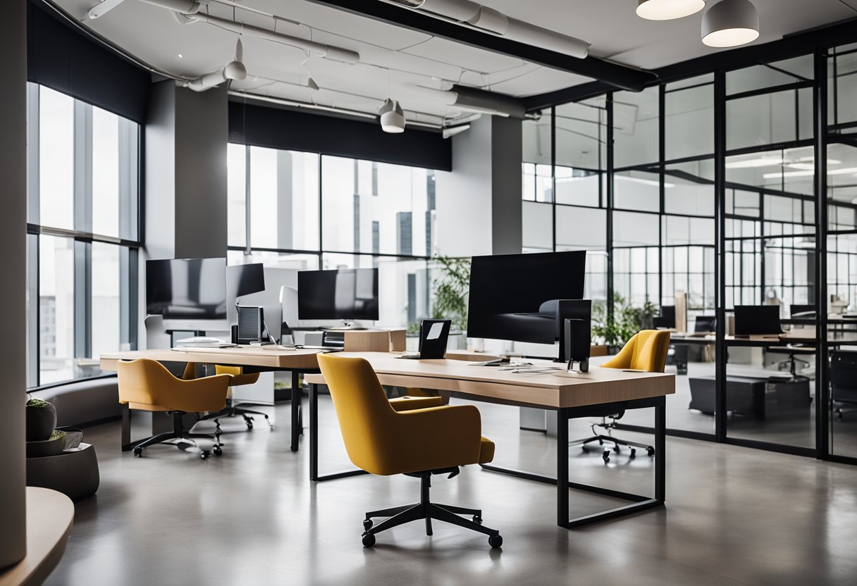 A modern office space with sleek furniture, clean lines, and pops of color. The space is well-lit with large windows and features contemporary artwork on the walls