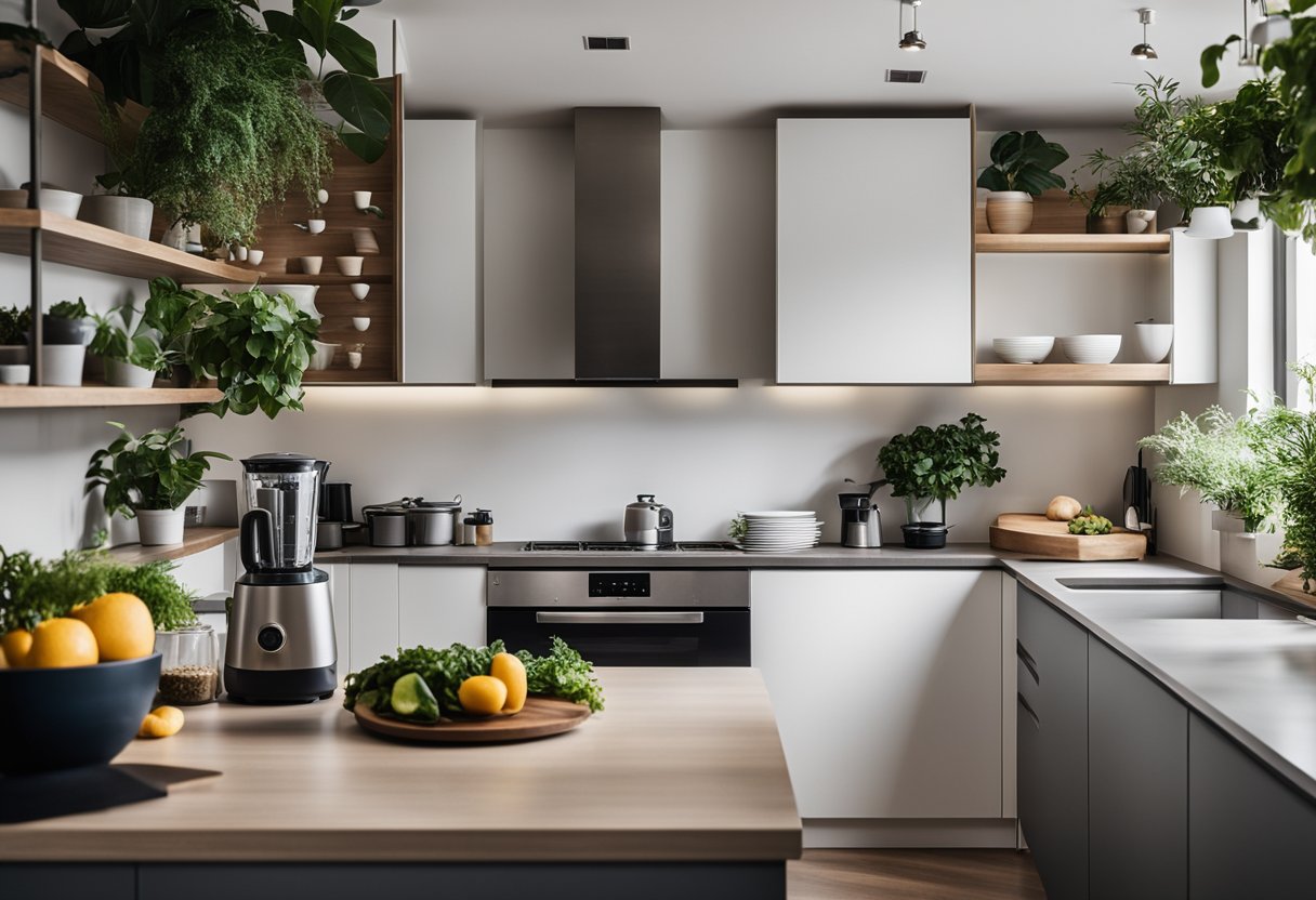 A modern kitchen with a sleek blender on the counter, surrounded by stylish interior design elements like pendant lights and decorative plants