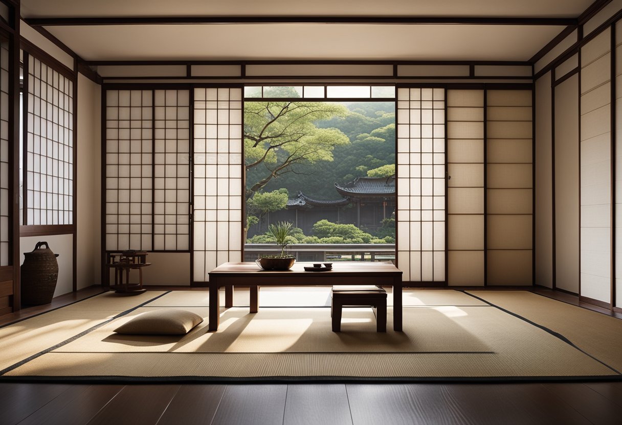 A minimalist Asian interior with paper sliding doors, tatami mats, low wooden furniture, and a traditional shoji screen