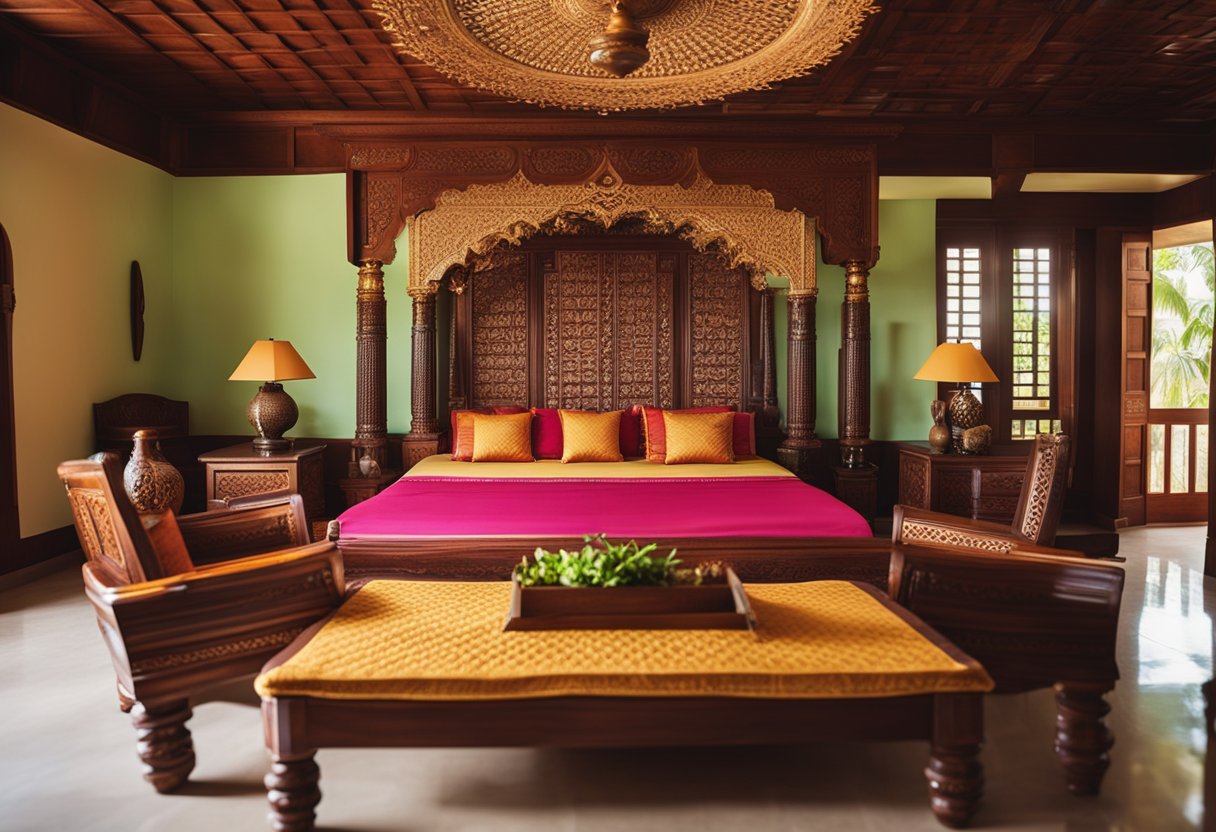 The bedroom features traditional Kerala design with ornate wooden furniture, colorful textiles, and intricate patterns on the walls and ceiling