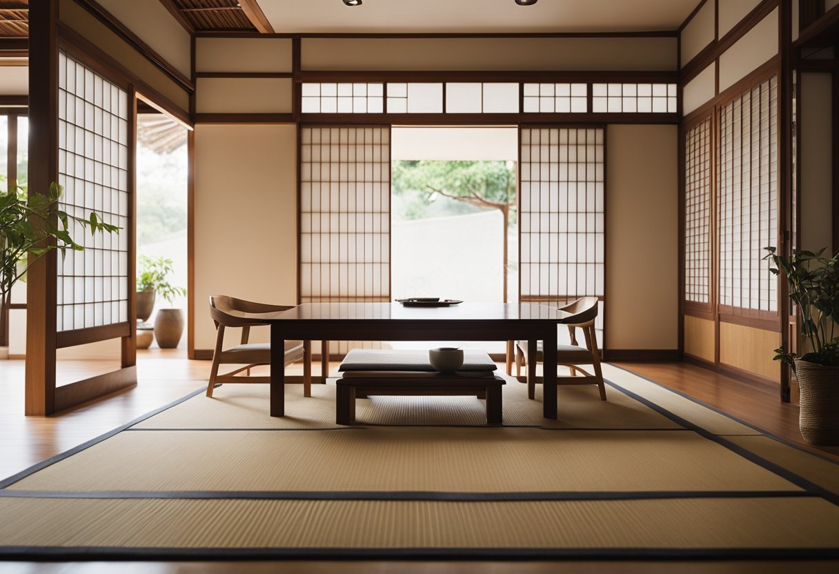 A serene Asian interior with minimalist furniture, natural materials, and a neutral color palette. Traditional elements like shoji screens and tatami mats add authenticity