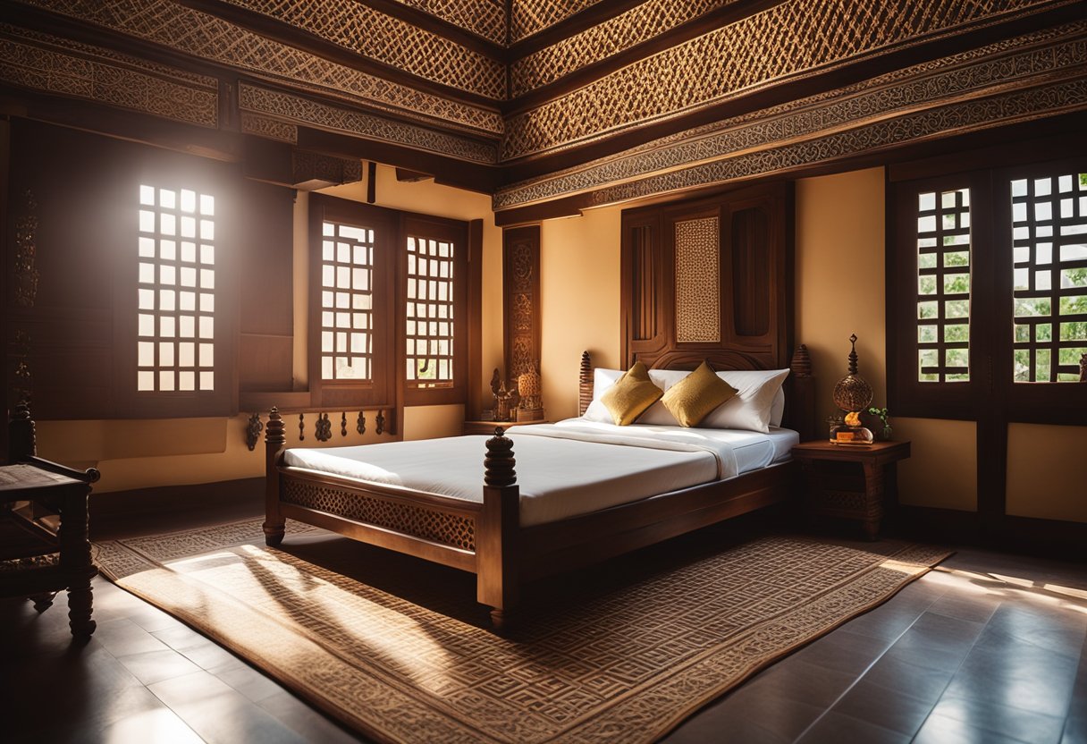 A cozy Kerala bedroom with traditional wooden furniture, vibrant textiles, and intricate carvings. Sunlight filters through latticed windows, casting patterns on the tiled floor