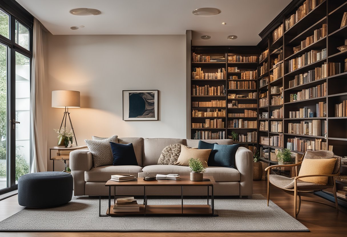 A cozy living room with a fireplace, comfortable seating, and soft lighting. A bookshelf filled with books and decorative items. A rug and coffee table complete the inviting space