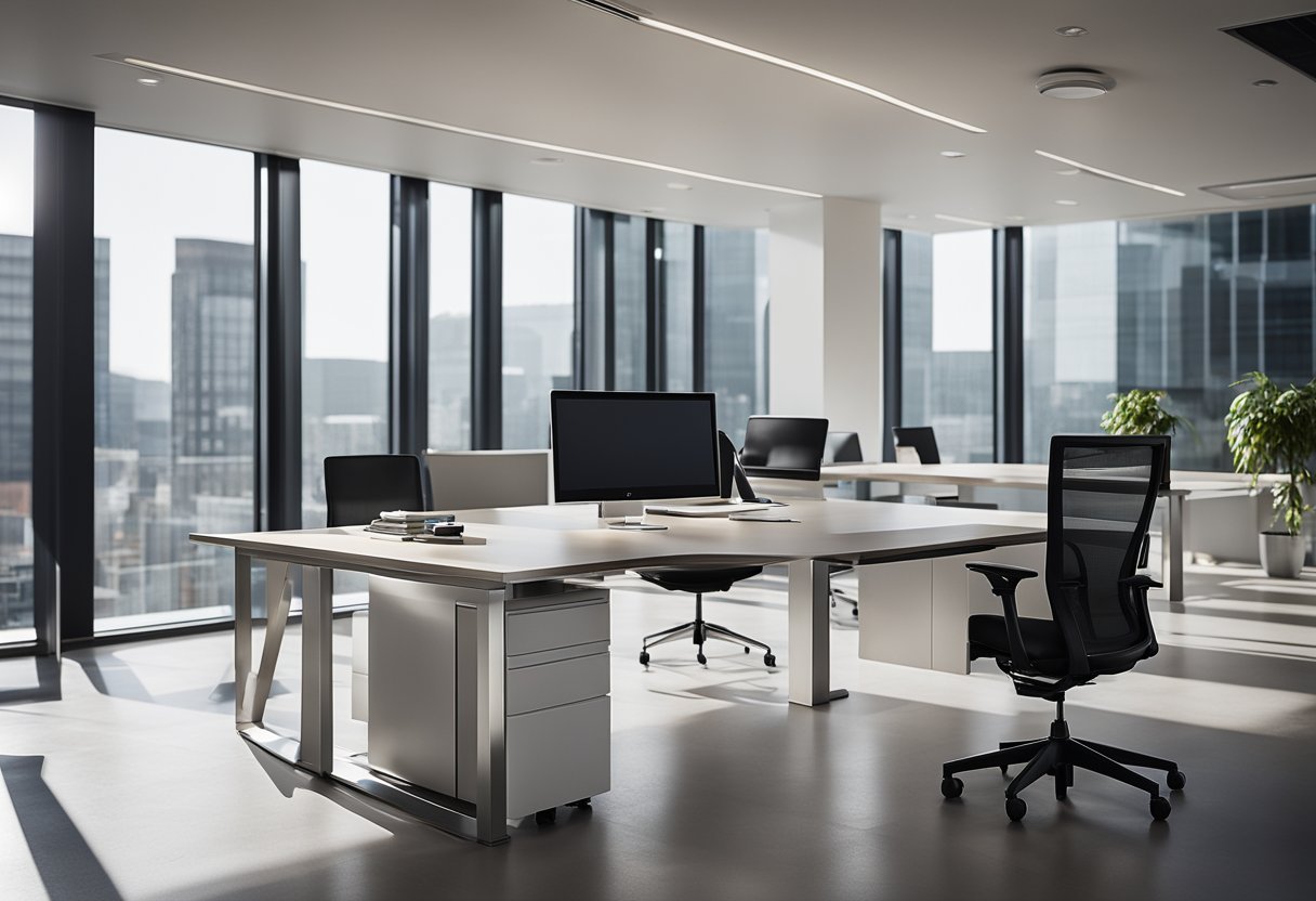 A sleek, modern office space with minimalist furniture and clean lines. A large window allows natural light to flood the room, highlighting the attention to detail in the design
