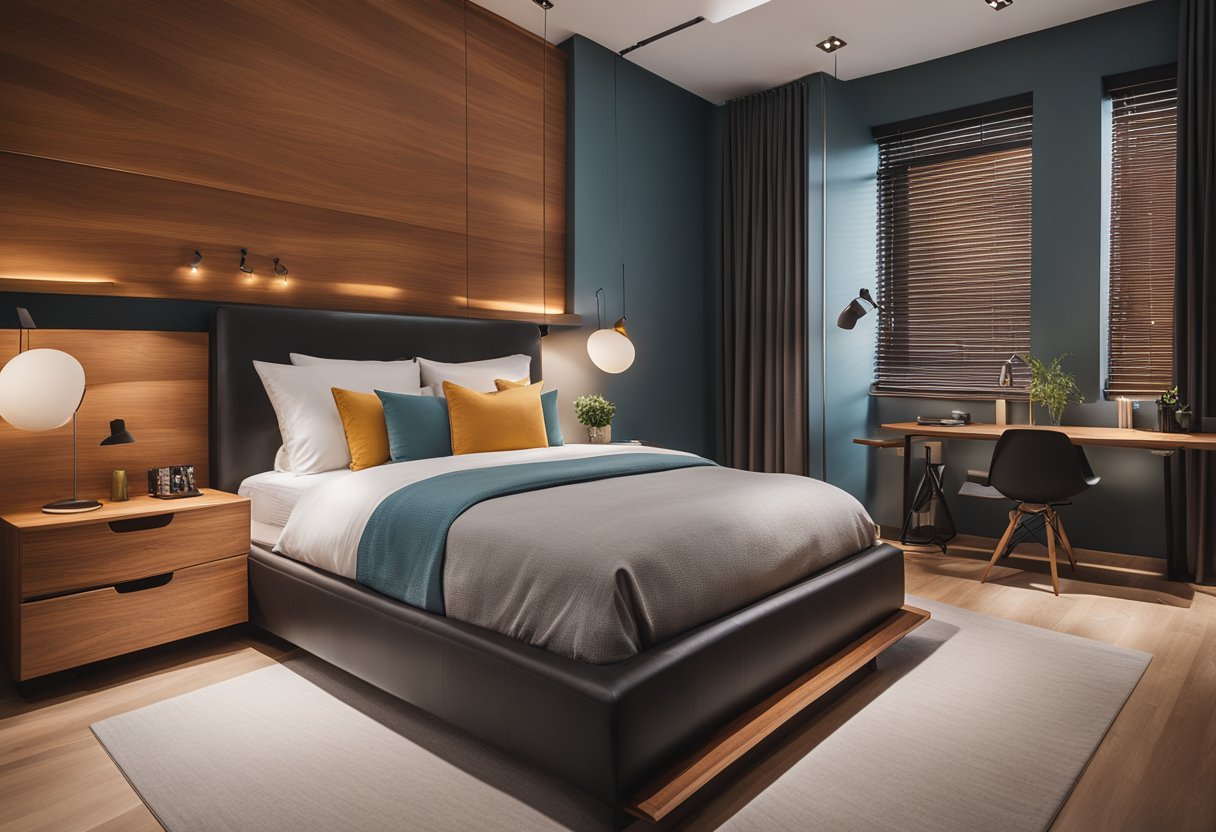 A sleek, minimalist bedroom with warm wood furniture, clean lines, and pops of vibrant color. The space exudes a sense of functional elegance in its design