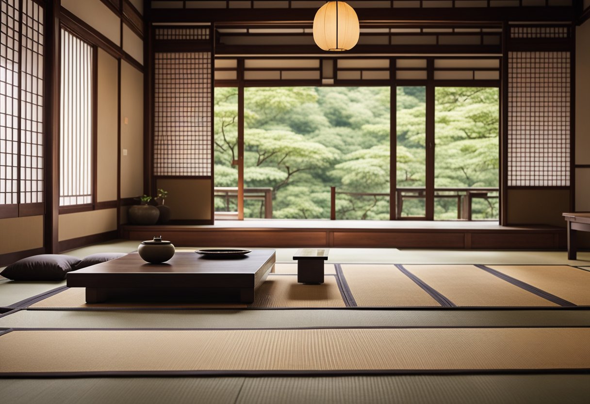 An Asian interior with low seating, paper sliding doors, and minimal furniture. A tatami mat floor, shoji screens, and a low table complete the traditional design