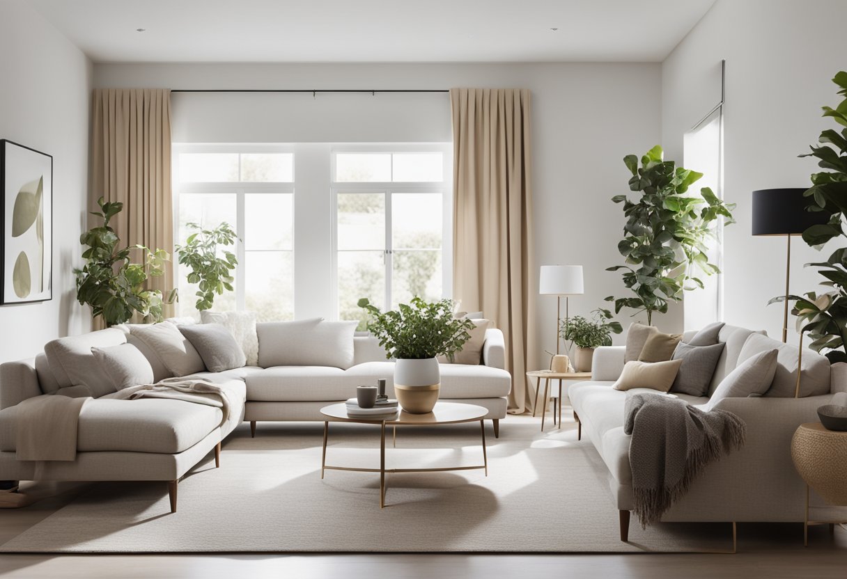 A bright, modern living room with a clean, minimalist design. A large window lets in natural light, illuminating the sleek furniture and neutral color palette