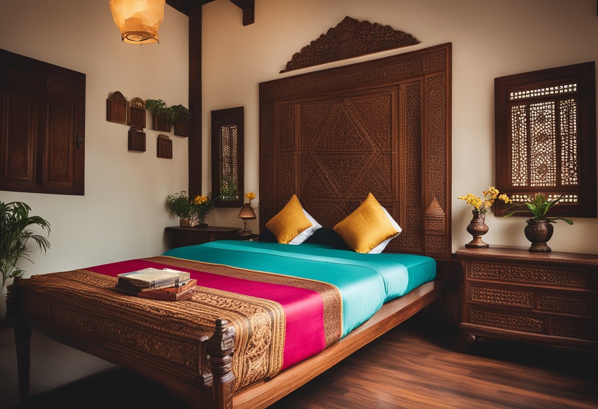 A cozy bedroom with traditional Kerala interior design, featuring ornate wooden furniture, vibrant fabrics, and intricate details
