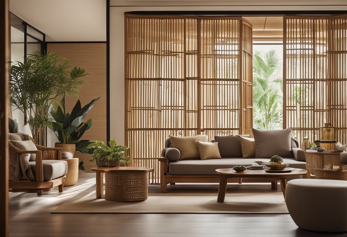 An inviting Asian interior with traditional elements, warm earthy tones, and minimalistic furniture. A bamboo screen separates the living area from the dining space, creating a sense of tranquility and harmony