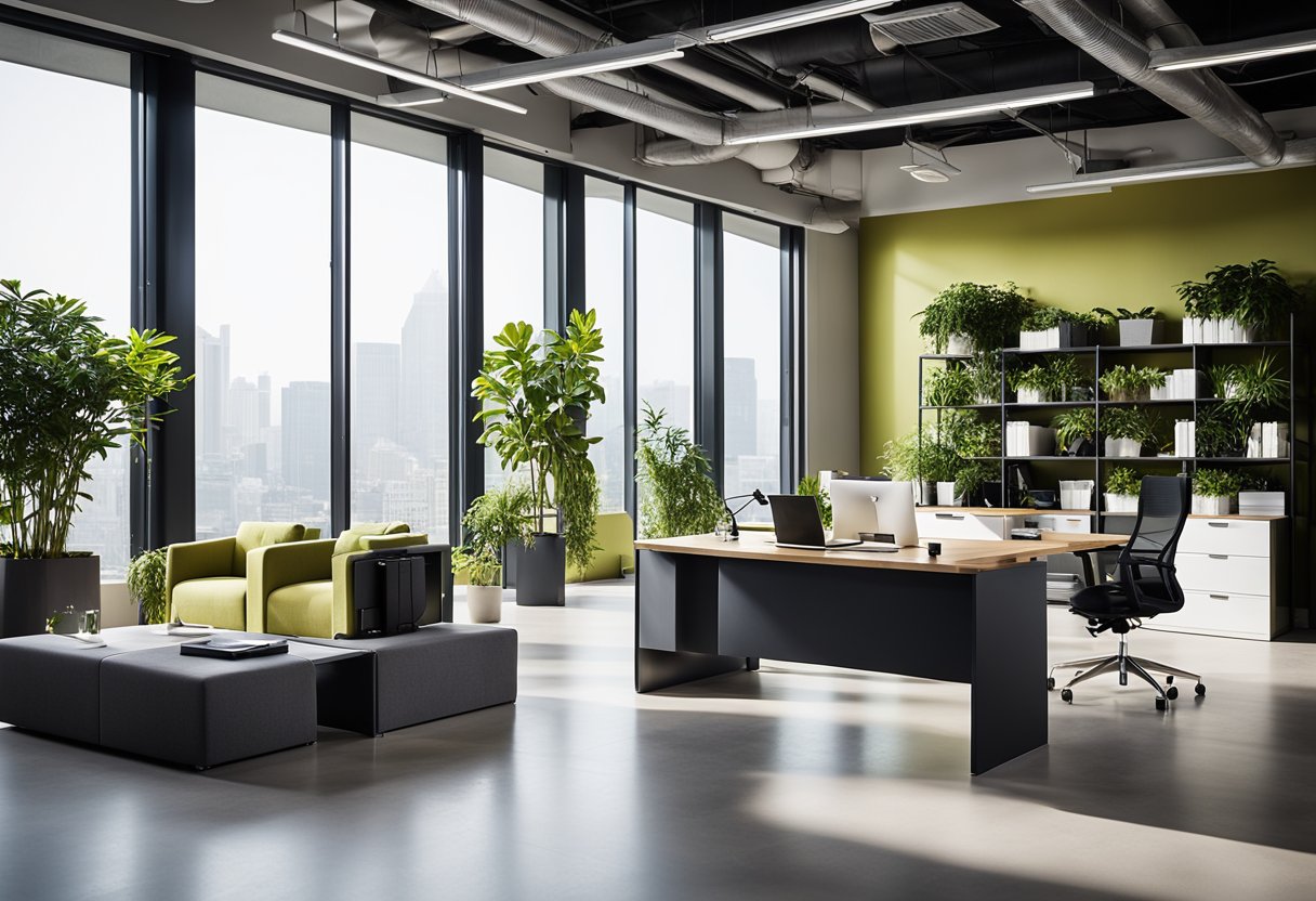 A modern office with sleek furniture, plants, and a large desk. A wall display showcases the company's portfolio. Bright, natural lighting fills the space