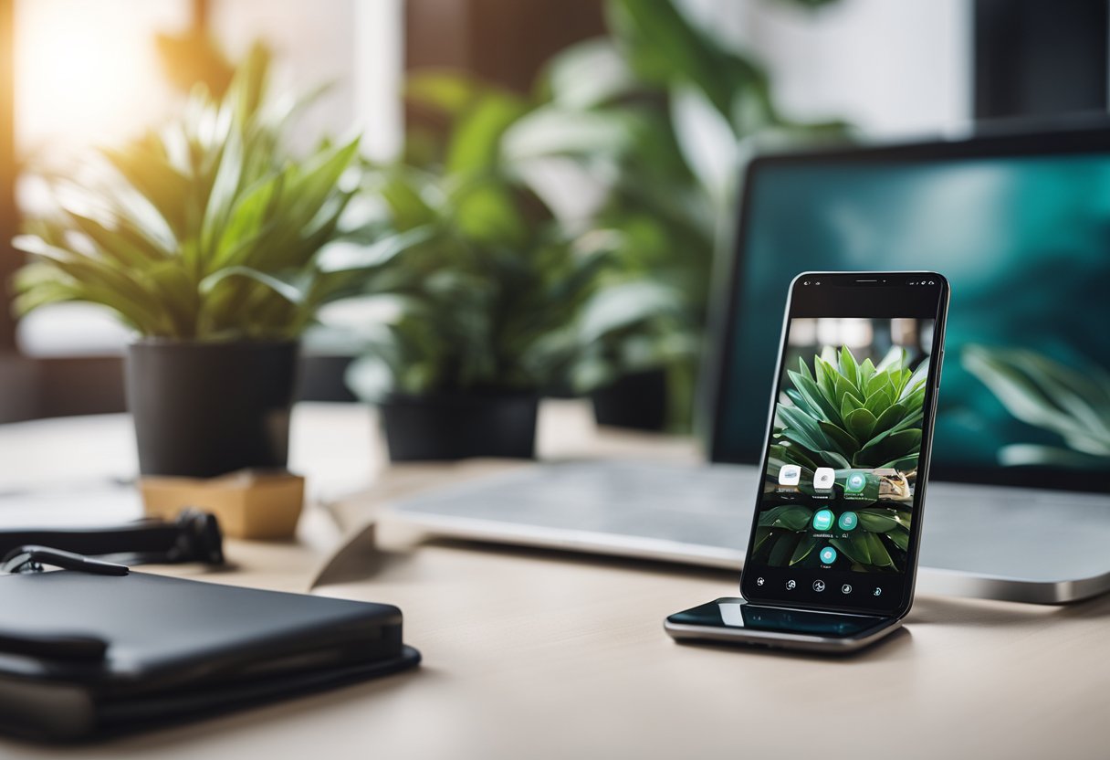 A smartphone displaying top interior design apps on a modern desk with a stylish chair and a vibrant plant in the background