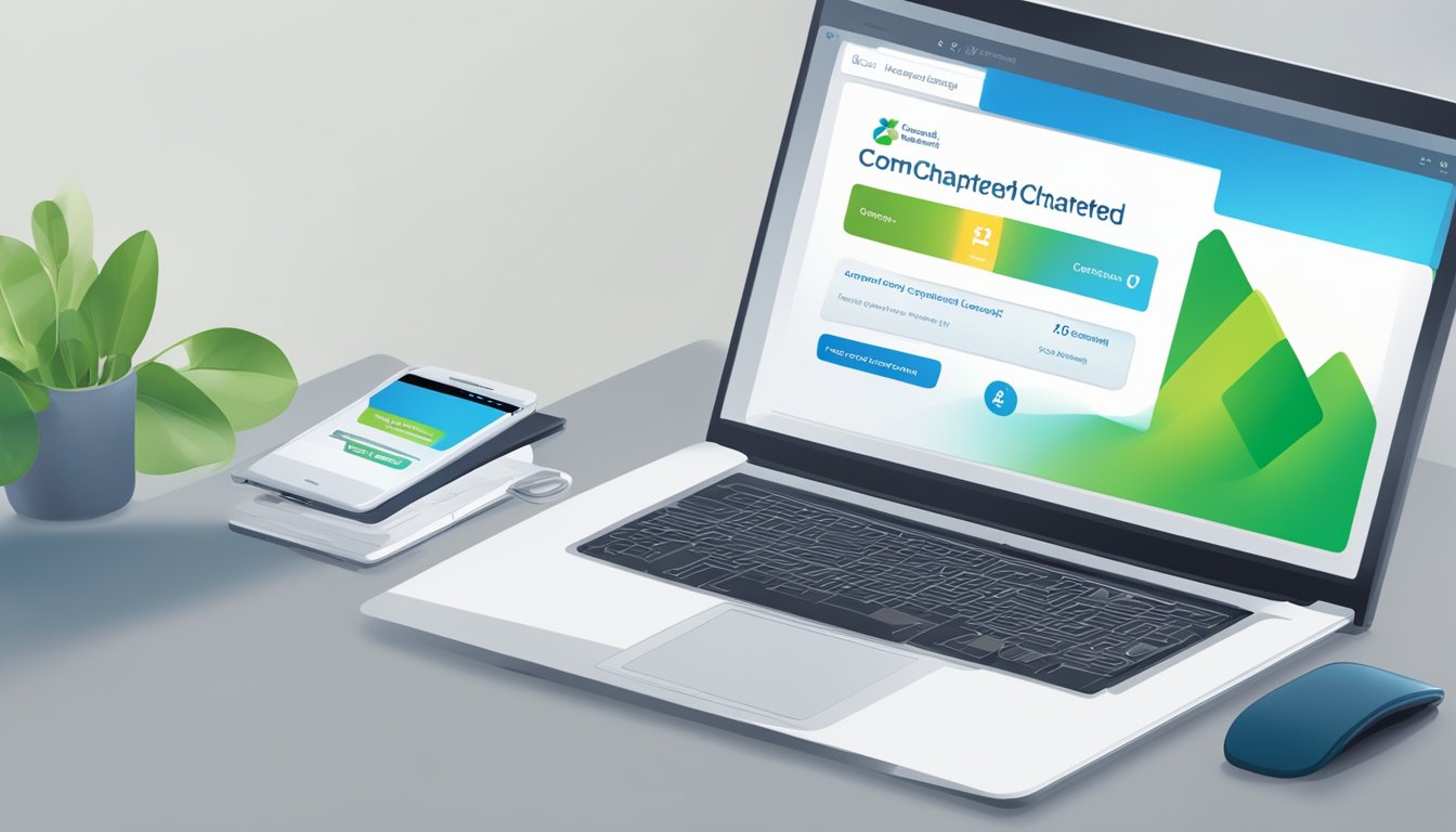 A computer screen displaying the Standard Chartered logo with a progress bar indicating the status check for a personal loan