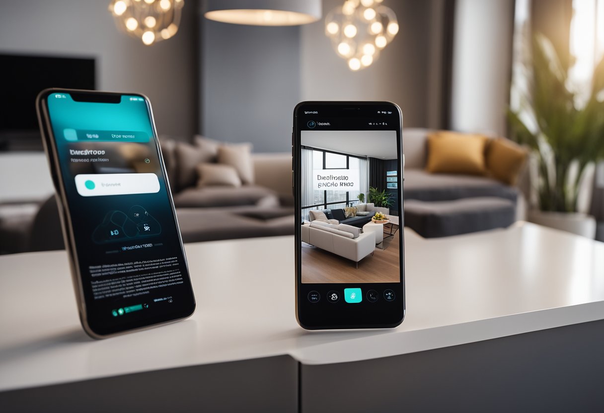 A sleek smartphone displaying an intuitive interior design app, with a clean and modern living room being digitally transformed in the background