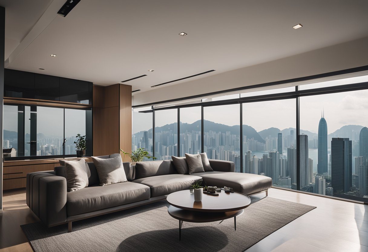 A modern Hong Kong house interior with sleek furniture, minimalist decor, and large windows showcasing a stunning city skyline