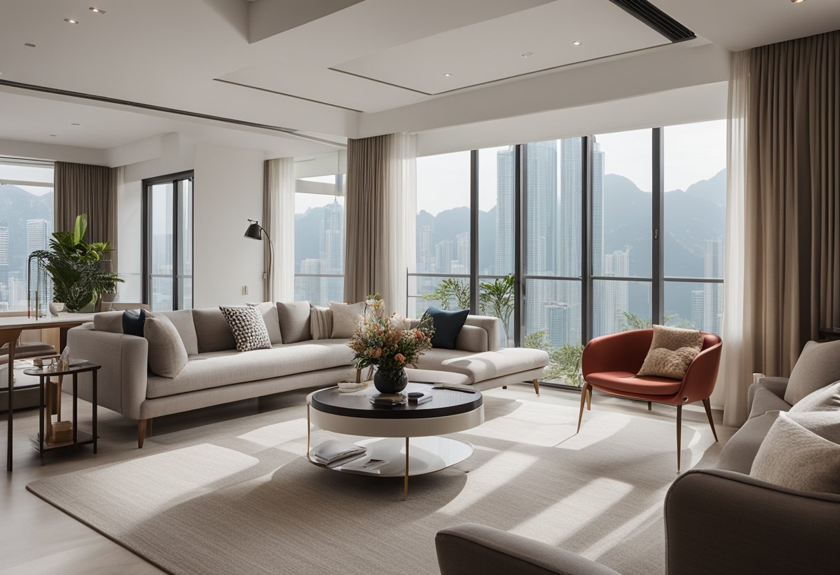 A modern Hong Kong house interior with sleek lines, minimalistic furniture, and a mix of traditional and contemporary decor. The space is filled with natural light and features a neutral color palette with pops of vibrant red