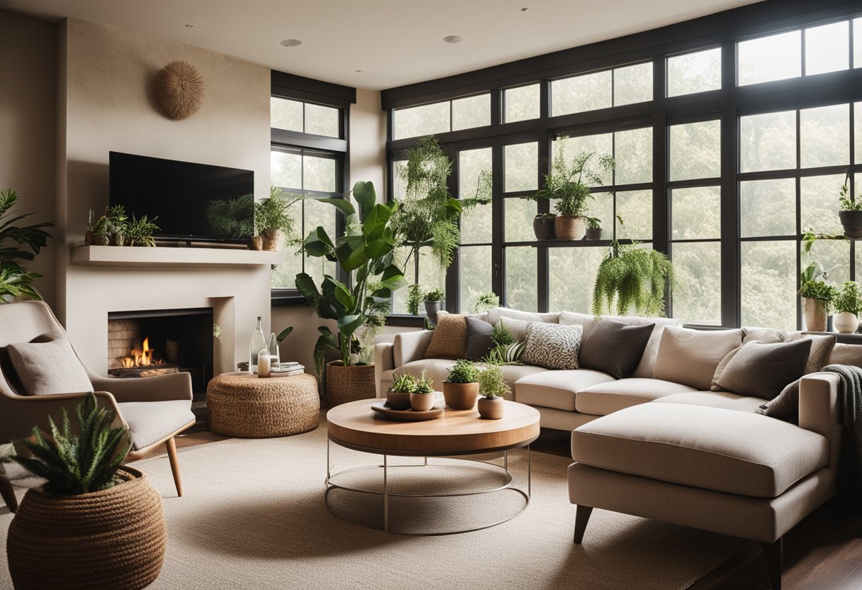 A cozy living room with earthy tones, natural materials, and plenty of plants. Large windows let in lots of natural light, and there are comfortable seating options for lounging and entertaining