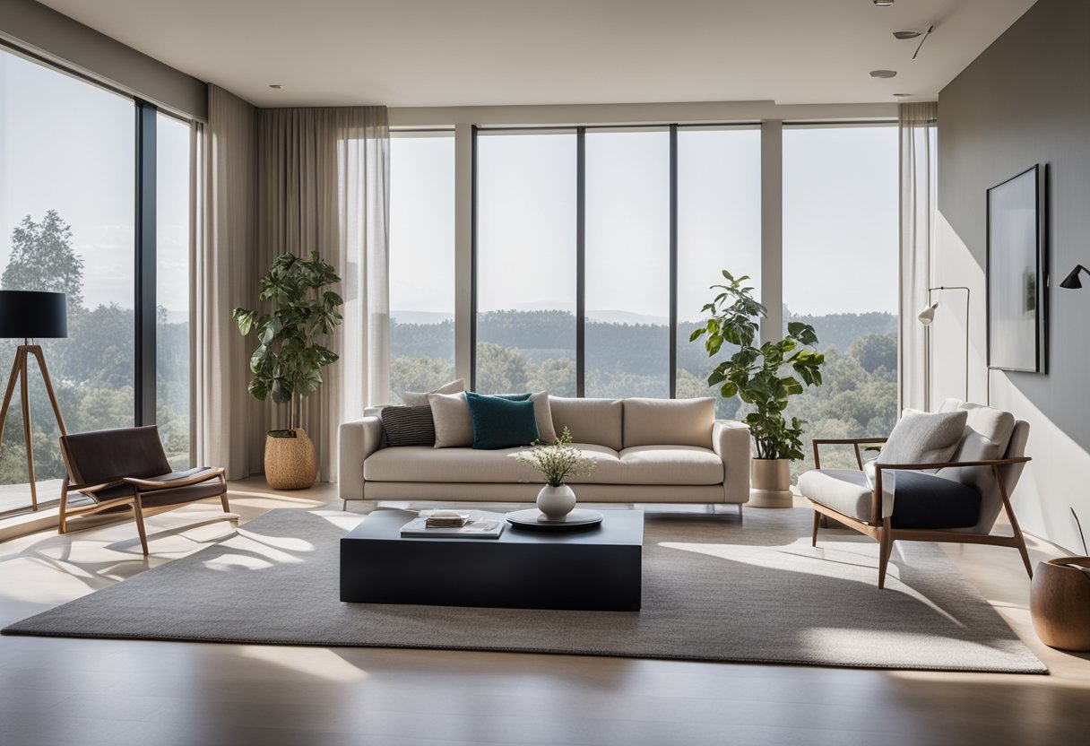 A modern, minimalist living room with sleek furniture, clean lines, and subtle pops of color. Large windows let in natural light, and the space feels open and airy