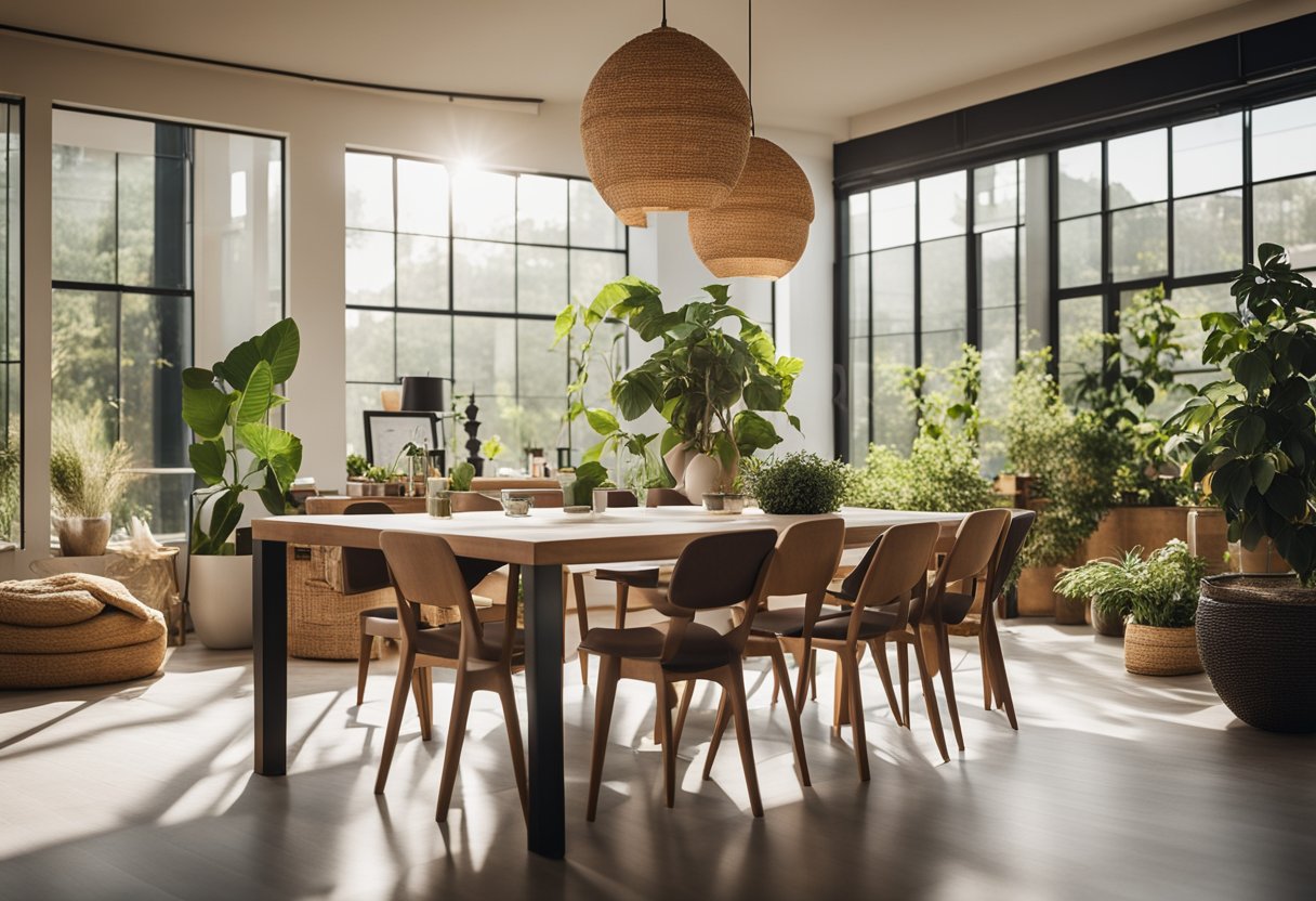A room with natural light, sustainable materials, and greenery. Recycled furniture, energy-efficient lighting, and earthy color palette