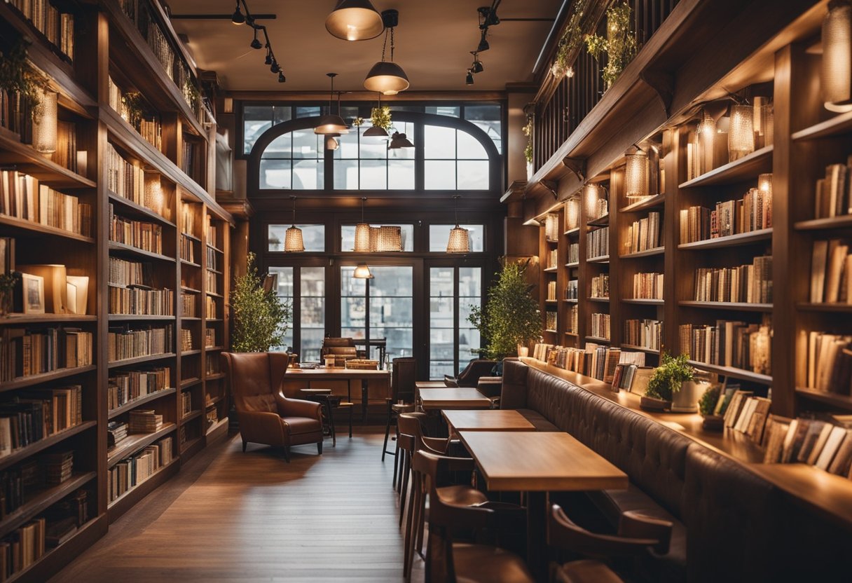 Cozy bookstore with warm lighting, comfortable seating, and shelves filled with books. A welcoming atmosphere with rustic decor and a small coffee bar