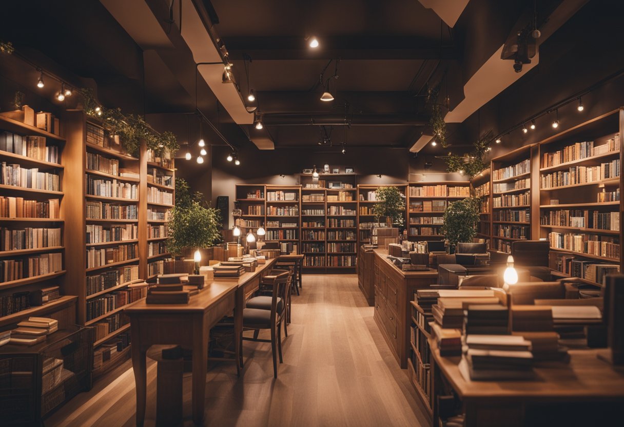 The cozy small bookstore is filled with shelves of books, soft lighting, and comfortable seating areas. A warm color scheme and decorative details create a welcoming atmosphere