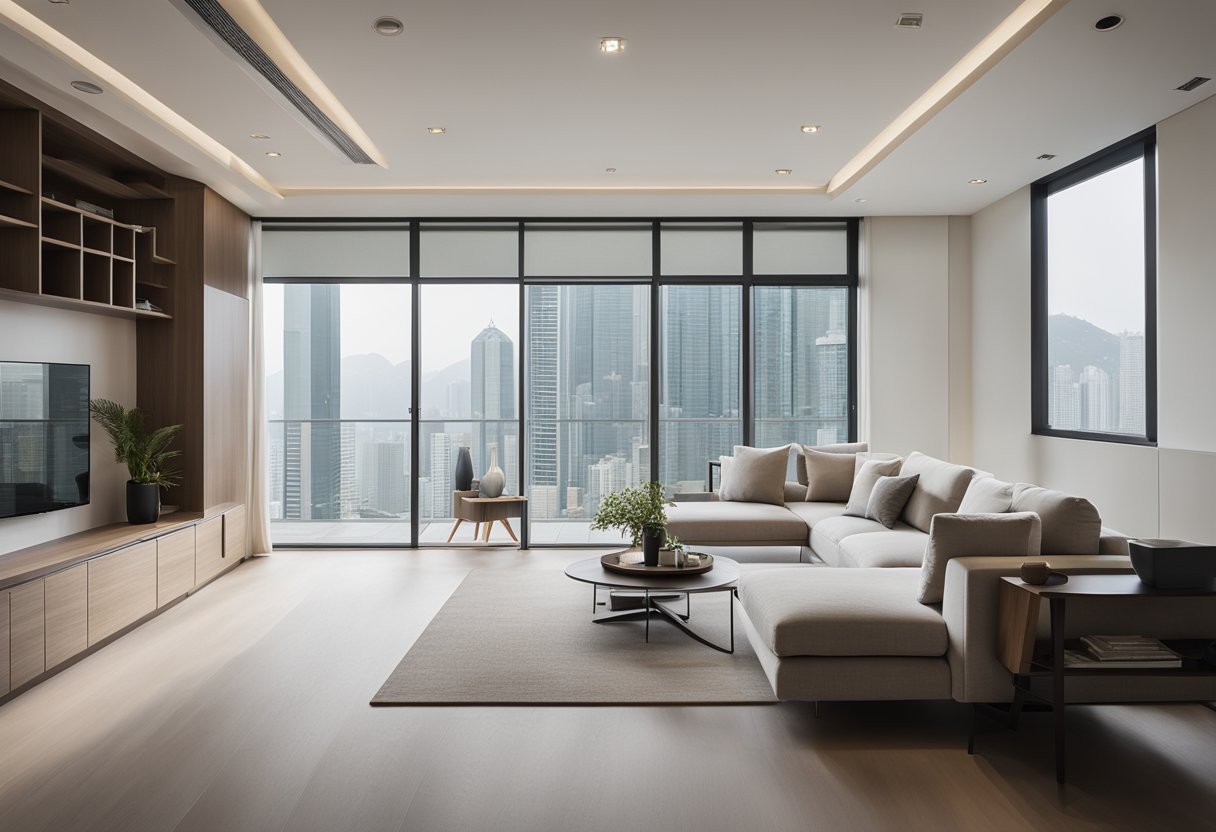 A modern and minimalist Hong Kong house interior with sleek furniture, clean lines, and a neutral color palette. The space is filled with natural light, and there are subtle Asian design elements scattered throughout the room