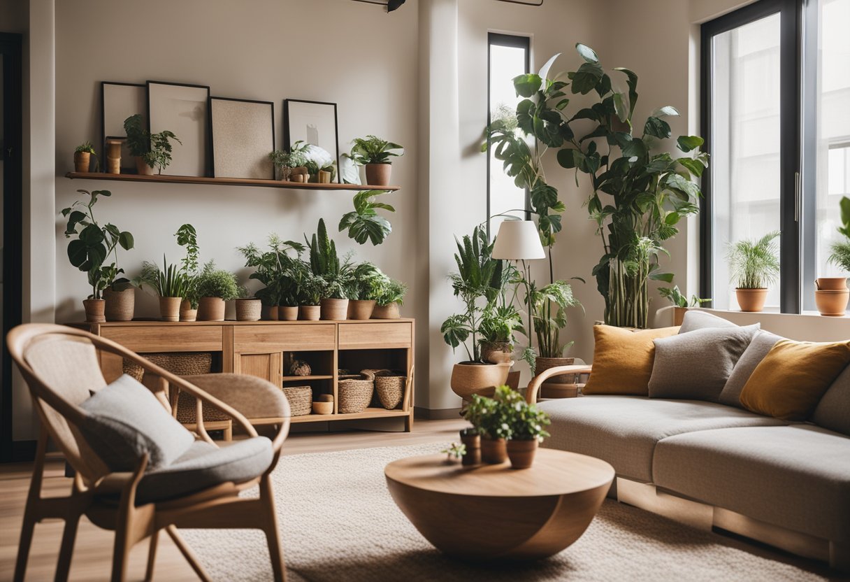A cozy living room with sustainable furniture, potted plants, and natural lighting. Eco-friendly decor and recyclable materials are prominently featured