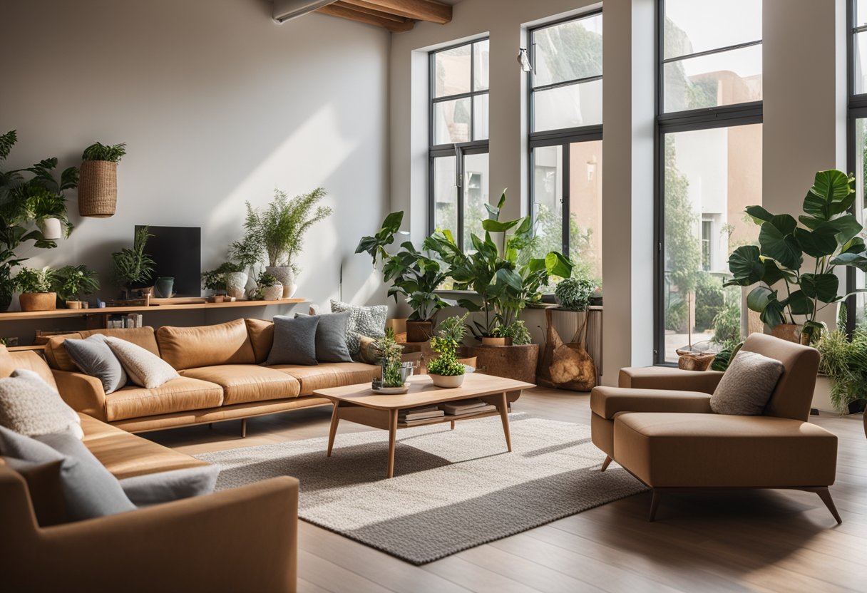 A cozy living room with sustainable furniture, plants, and natural lighting. A recycling bin and energy-efficient appliances are visible