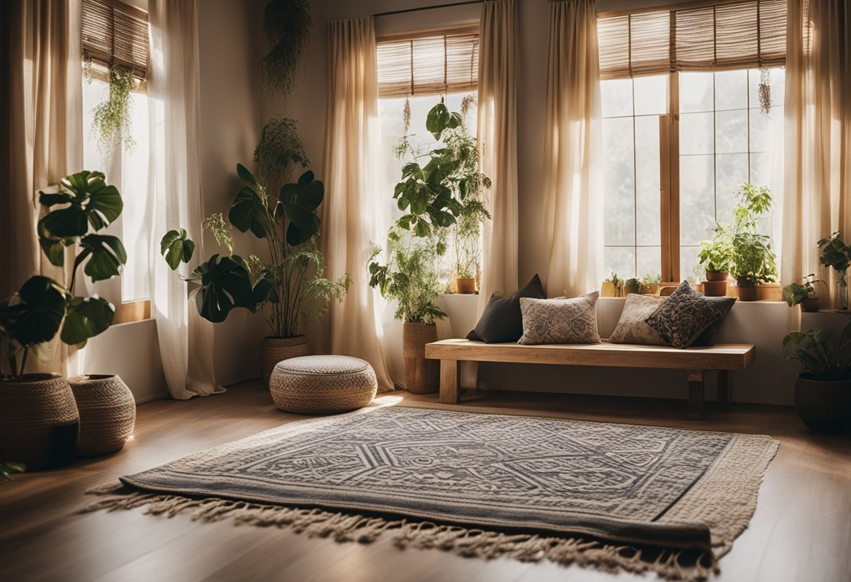 A cozy boho interior with layered rugs, macramé wall hangings, and low wooden seating around a patterned rug. Sunlight streams in through sheer curtains, casting warm, dappled shadows